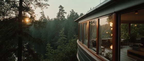 A modern house blends into a lush, forested landscape, reflecting nature's beauty at sunrise from large, curved windows.