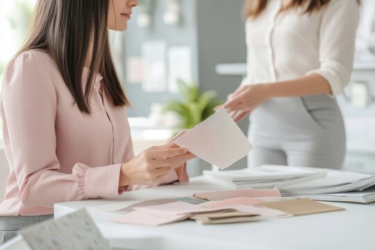 A woman examines fabric swatches, collaborating with a colleague on interior design or fashion project. - Powered by Adobe