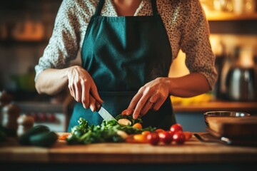 A woman in a green apron carefully cuts fresh vegetables and herbs for a healthy meal.