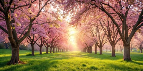 Fototapeta premium Soft pink cherry blossoms fall gently on a lush green grassy field surrounded by tall trees with warm sunlight filtering through the leaves, garden, blooming flowers