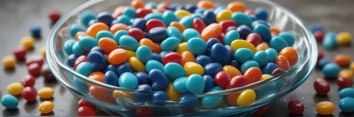 A bowl of blue-colored candy melts with colorful jelly beans and gummies in sunlight, gummies, beans