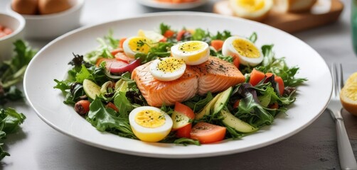 A bowl of mixed greens salad with salmon and egg on a white plate, green salad, salmon