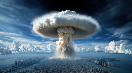 nuclear explosion viewed from high vantage point, showcasing dramatic clouds and cityscape