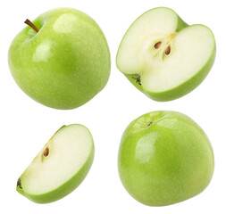 green apple, half and slice isolated, transparent PNG, collection, PNG format