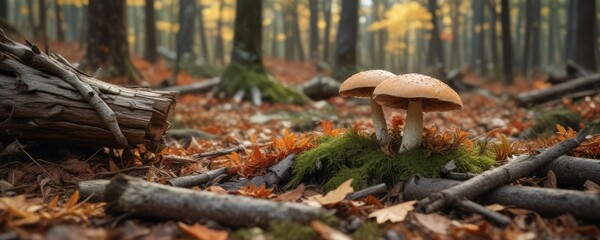 Obraz premium A brown capped mushroom partially hidden by fallen leaves and twigs on a forest floor amidst decaying logs and branches, outdoor landscape, fungi