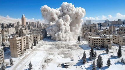 Obraz premium panoramic view of city skyline during explosion, with smoke rising