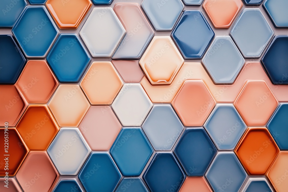 Poster Gradient hexagonal tiles shifting in shades from warm to cool tones