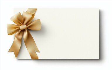 Fototapeta premium A minimalistic white gift card with a light gold ribbon and bow on the left side, offering space for text, isolated on a pristine white background