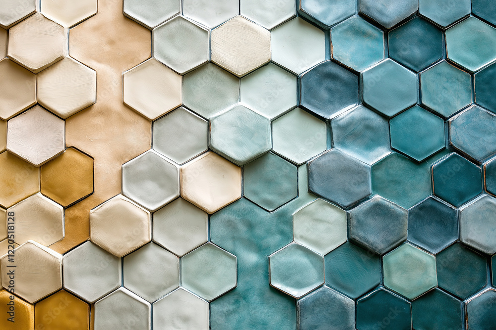 Poster Gradient hexagonal tiles shifting in shades from warm to cool tones