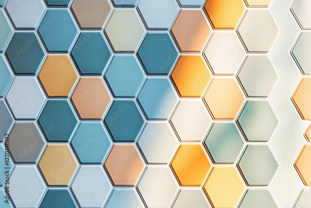 Poster Gradient hexagonal tiles shifting in shades from warm to cool tones