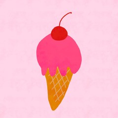 Colorful ice cream cone with pink scoop and cherry on top against a pastel background