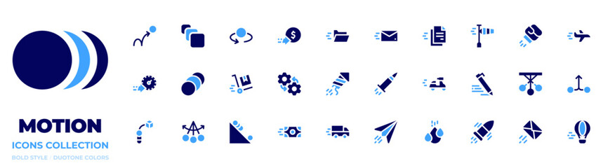 Motion icon collection. Bold style. Duotone colors. ball, motion, circles, slow motion, fast delivery, coin, folder, mechanics, firework, mail, file, bullet, motorbike