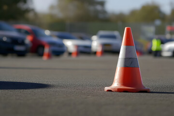 A traffic cone on the asphalt in front of an open driving school
