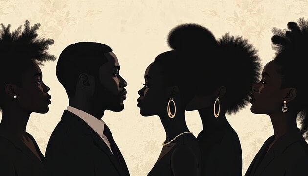 Diverse Faces Celebrate Black History Month: Four Women and a Man with Afro Hairstyles