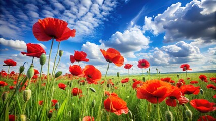 Obraz premium A vibrant red poppy field sways gently in a warm summer breeze, set against a bright blue sky with fluffy white clouds and lush green grass , Sunny Day, Red Poppies