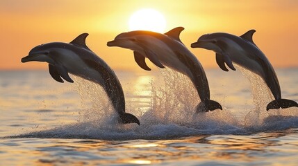Obraz premium Sunset Dolphins Leap Ocean Sunrise Wildlife