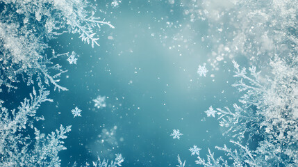Abstract background with ice crystals and snowflakes on a blue background