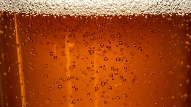Close-up view of beer with moving bubbles occupying the whole screen