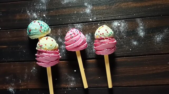 Delicious Ice Cream Pops on Wooden Background
