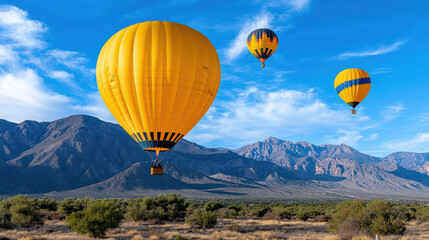 Fototapeta premium Hot air balloons soaring over scenic mountain landscape under blue sky