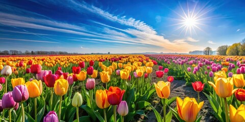 Vibrant Tulip Field against a Bright Blue Sky on a Sunny Day , cheerful atmosphere