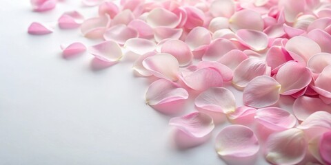 Fototapeta premium Soft pink flower petals scattered on a white background, creating a romantic and feminine atmosphere, garden, pastel, garden