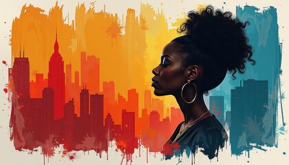 Obraz premium Black History Month: Afro-Woman Against Vibrant Urban Palette