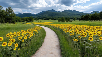 scenic view of running path through sunflower field with mountains