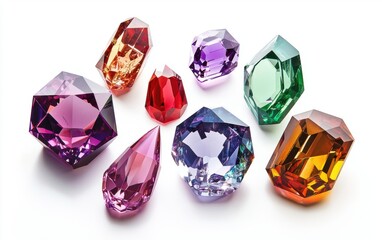 Fototapeta premium A set of colorful crystal icons featuring emeralds, rubies, sapphires, and amethysts in polished 3D style, all neatly arranged on a white background