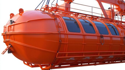 Fototapeta premium Bright orange rescue capsule on a lifeboat, showcasing safety equipment and maritime design