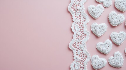 White crocheted hearts and lace on pink background