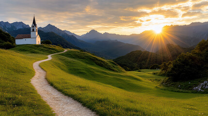 serene landscape with path leading to church at sunset