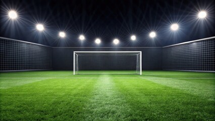 Nighttime soccer field with goal and stadium lighting