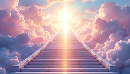 Heavenly Stairway Ascending Through Pink Clouds Bright Sunlight