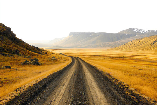 A tranquil dirt road winds through golden grasslands, framed by majestic mountains under a hazy sky, inviting exploration in nature's serene beauty.