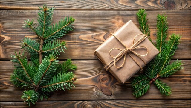 Rustic Wooden Background with a Wrapped Gift and Evergreen Branches