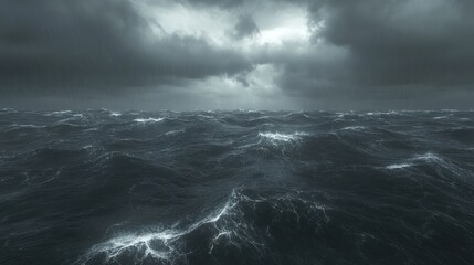 Stormy sea, dark clouds, rough ocean waves, dramatic sky