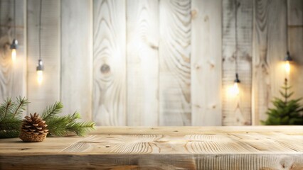 Rustic Wooden Tabletop with Pine Cone and Evergreens, Soft Lighting, and a Warm, Inviting Atmosphere