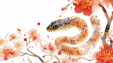 Obraz premium A vibrant snake entwined with delicate cherry blossoms, illustrating a stunning blend of nature's beauty and wildlife in an artistic and colorful style.