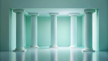 Serene Minimalist Interior with Four Classical Columns and a Pale Green Wall