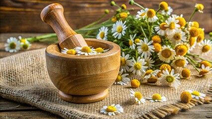 Wooden mortar and pestle with chamomile flowers on burlap