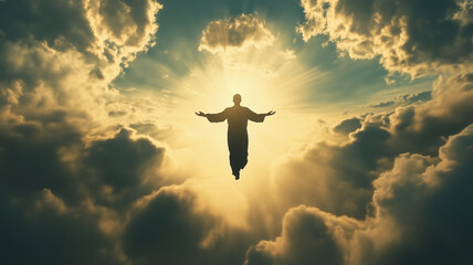 Divine Figure Ascending Through Heavenly Clouds