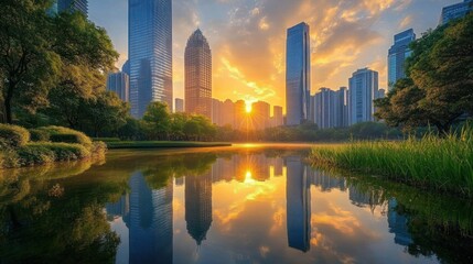 Fototapeta premium Sunrise city park reflection, skyscrapers, tranquil dawn
