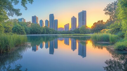 Obraz premium Cityscape sunrise reflection, urban park pond, tranquil morning