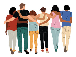 Back view of team of cartoon men and women hugging. Crowd of people from behind, friends, community flat vector illustration. Communication, teamwork, diversity concept for banner, website design