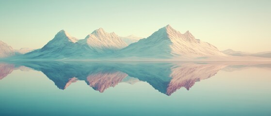 Snow-capped peaks mirror in tranquil waters under a pastel sky, crafting a harmonious blend of nature's pristine grandeur and reflection.