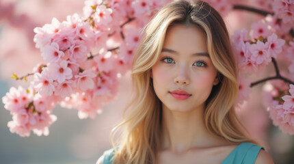 Fototapeta premium Portrait of a young blonde woman against the background of cherry blossom, selective focus