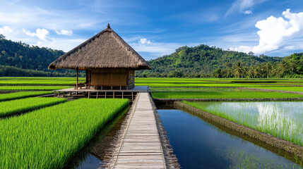 Fototapeta premium traditional thatched roof house in lush green rice fields under blue sky