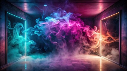 Abstract Room with Neon Lights and Colorful Smoke