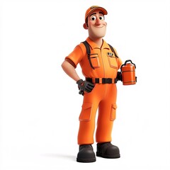 Fototapeta premium A cartoon character in an orange mechanic jumpsuit, holding an oil can, on a white background